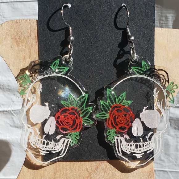 Clear Skull Earrings with Roses/Resin Jewelry/Stainless Steel Hooks - Picture 2 of 4
